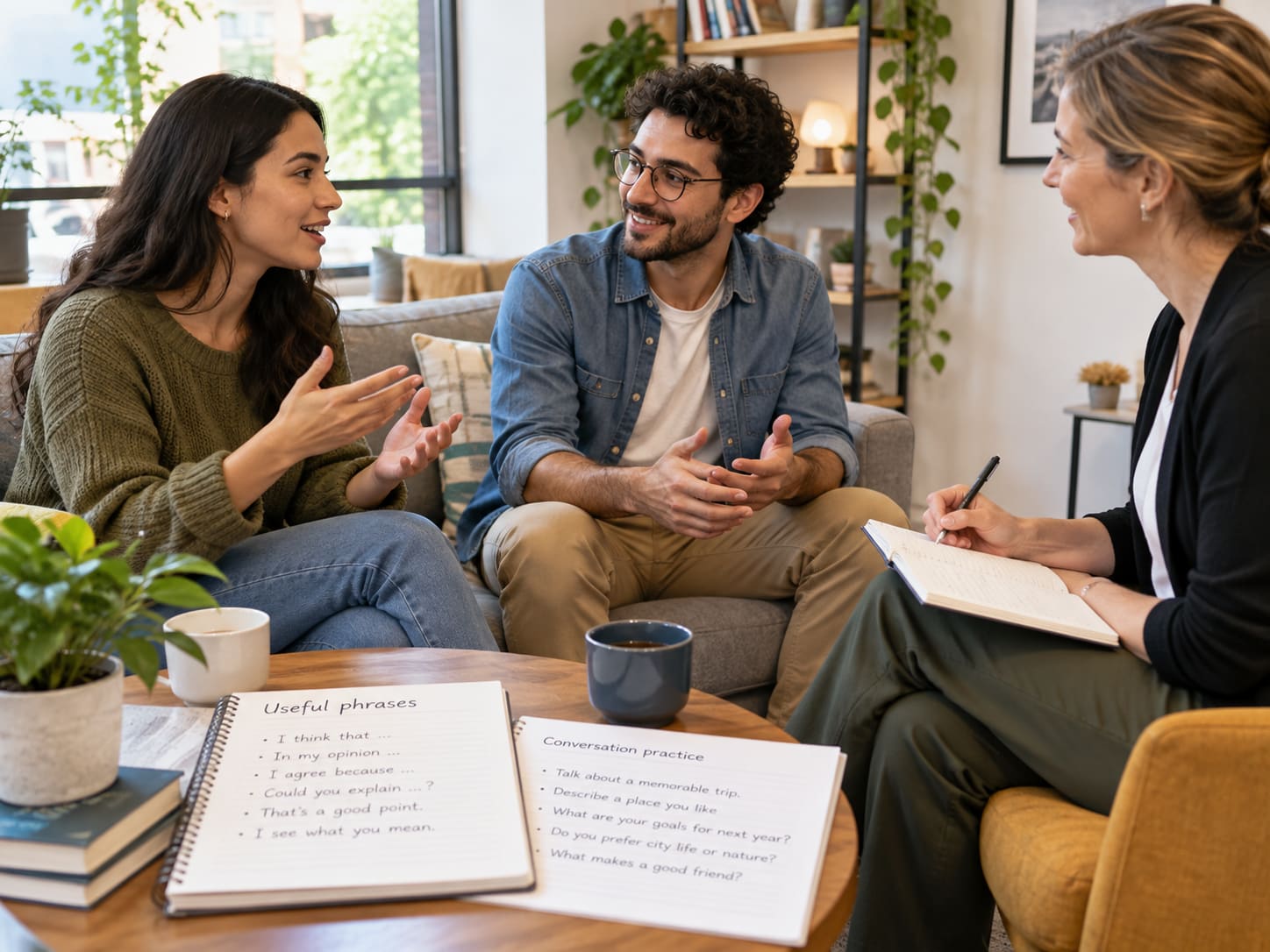 Conversation lesson: two students talking with their teacher, with practice phrases on the table