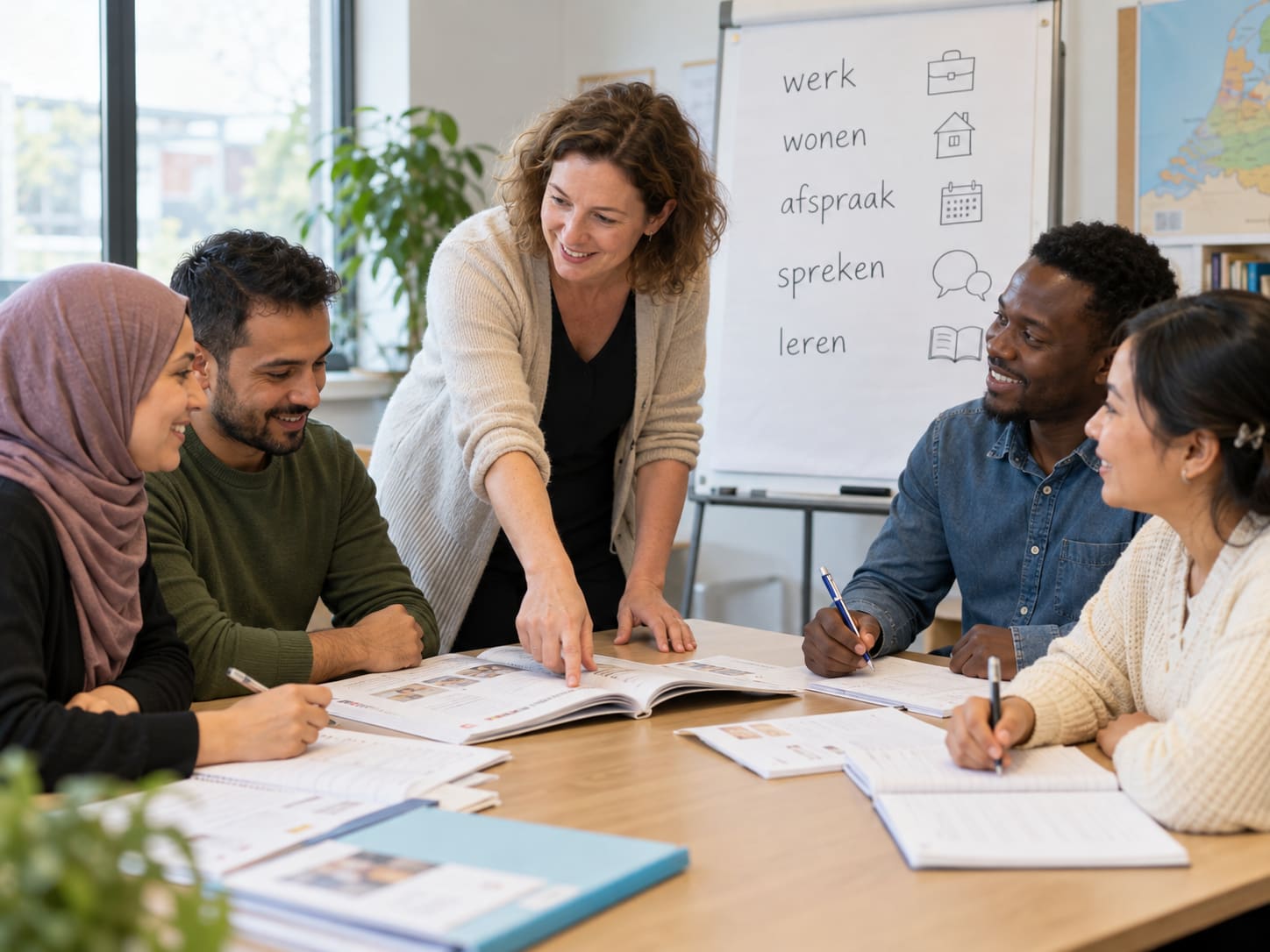 Taalles Nederlands in een kleine groep: de docent wijst woorden aan op een flip-over