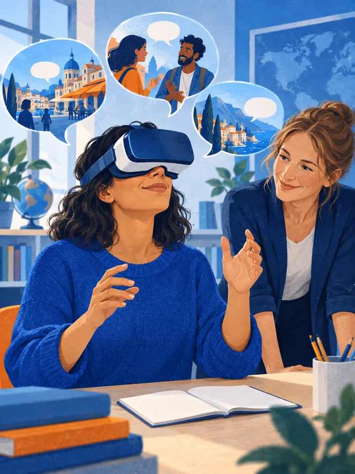 Illustratie van een cursist die een VR-oefening nabespreekt met haar docent