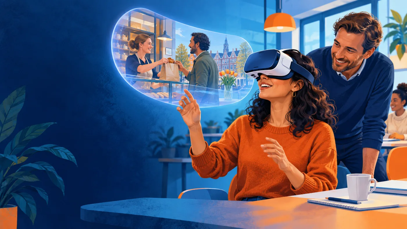 Illustratie van een cursist die met een VR-bril een gesprek oefent, met begeleiding van een docent
