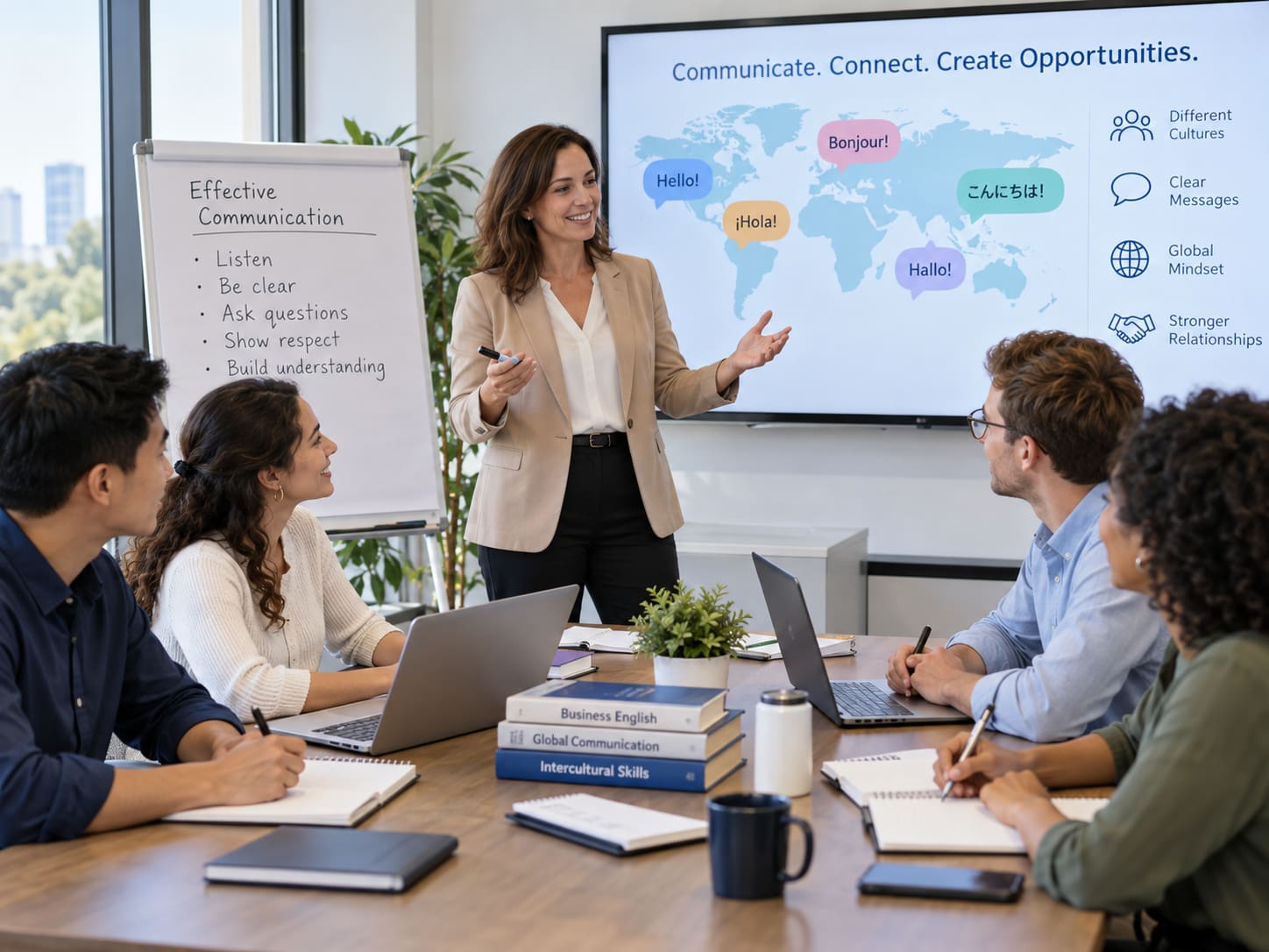 Zakelijke taaltraining: een trainer presenteert over communicatie aan een team in een vergaderruimte